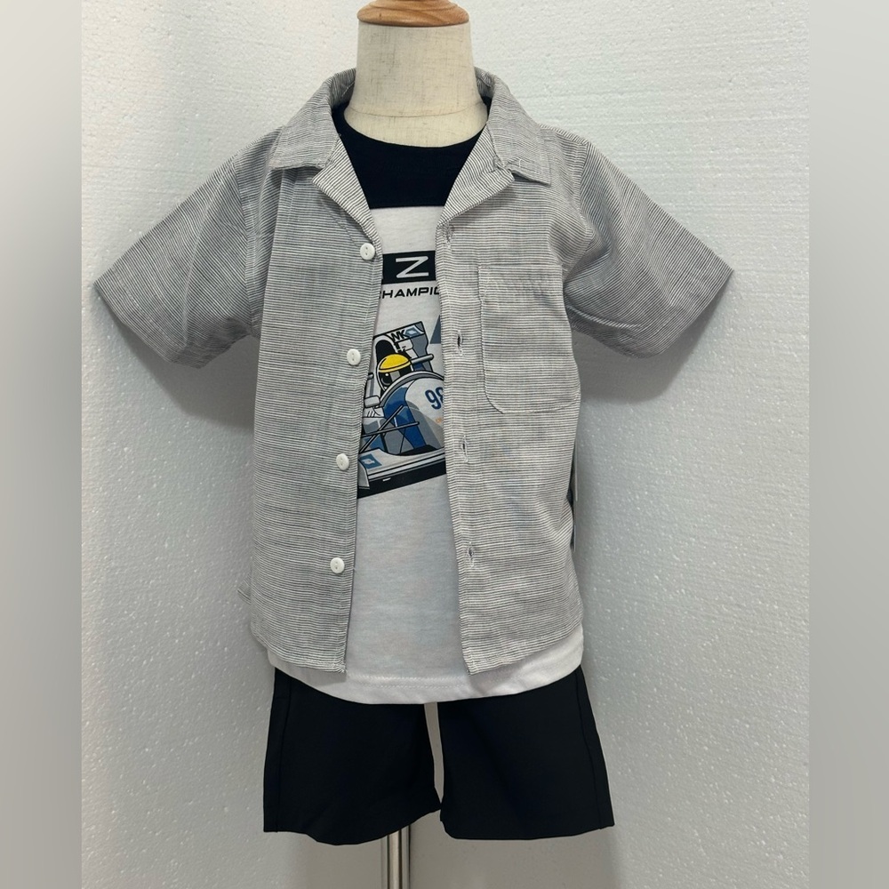 Tony Hawk. (Sz4) Kids Grey Striped Short-Sleeve ButtonUp w/ T-shirt & Shorts Set